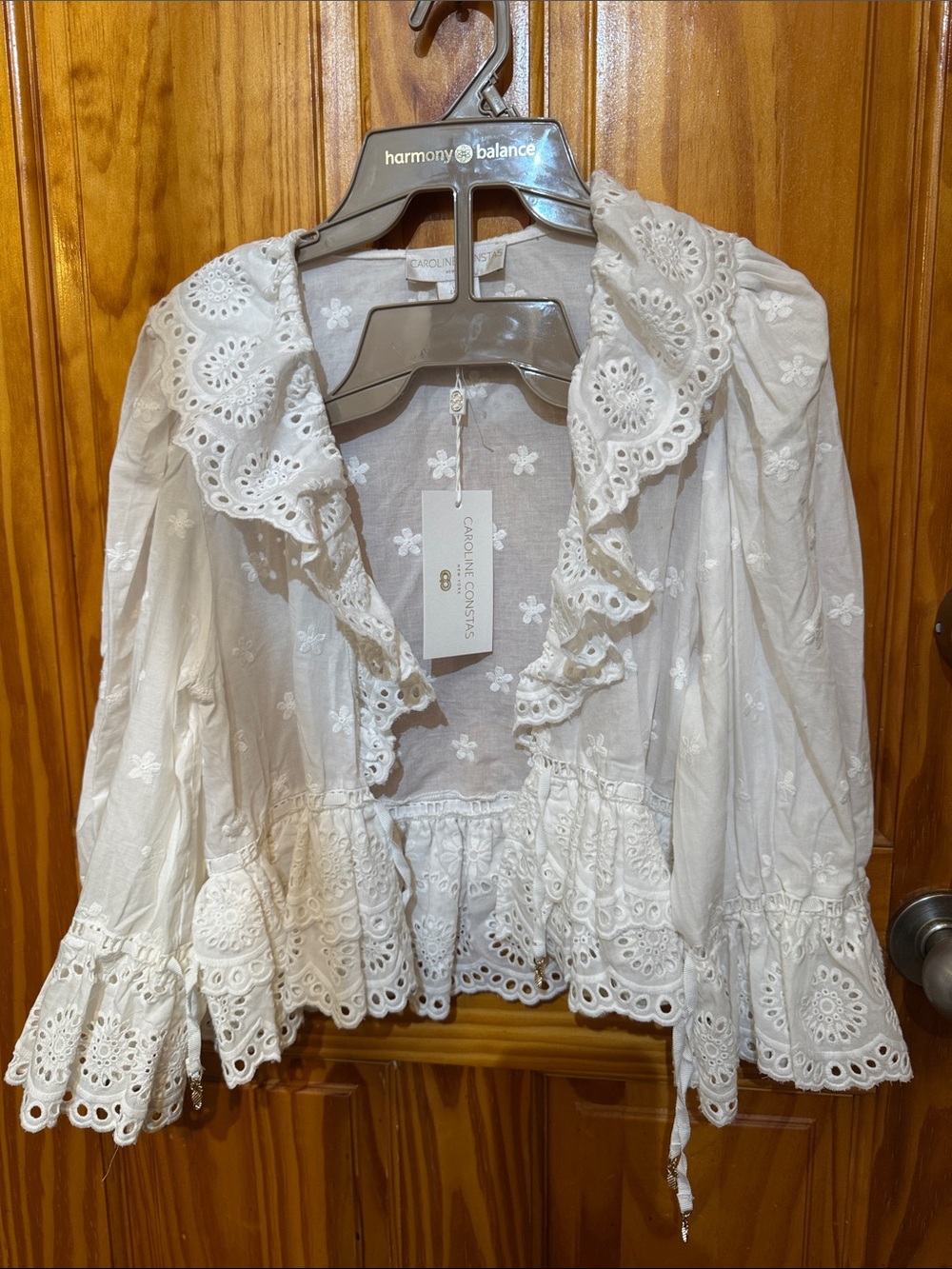 Caroline Constas White Cotton Eyelet Ruffle Blouse